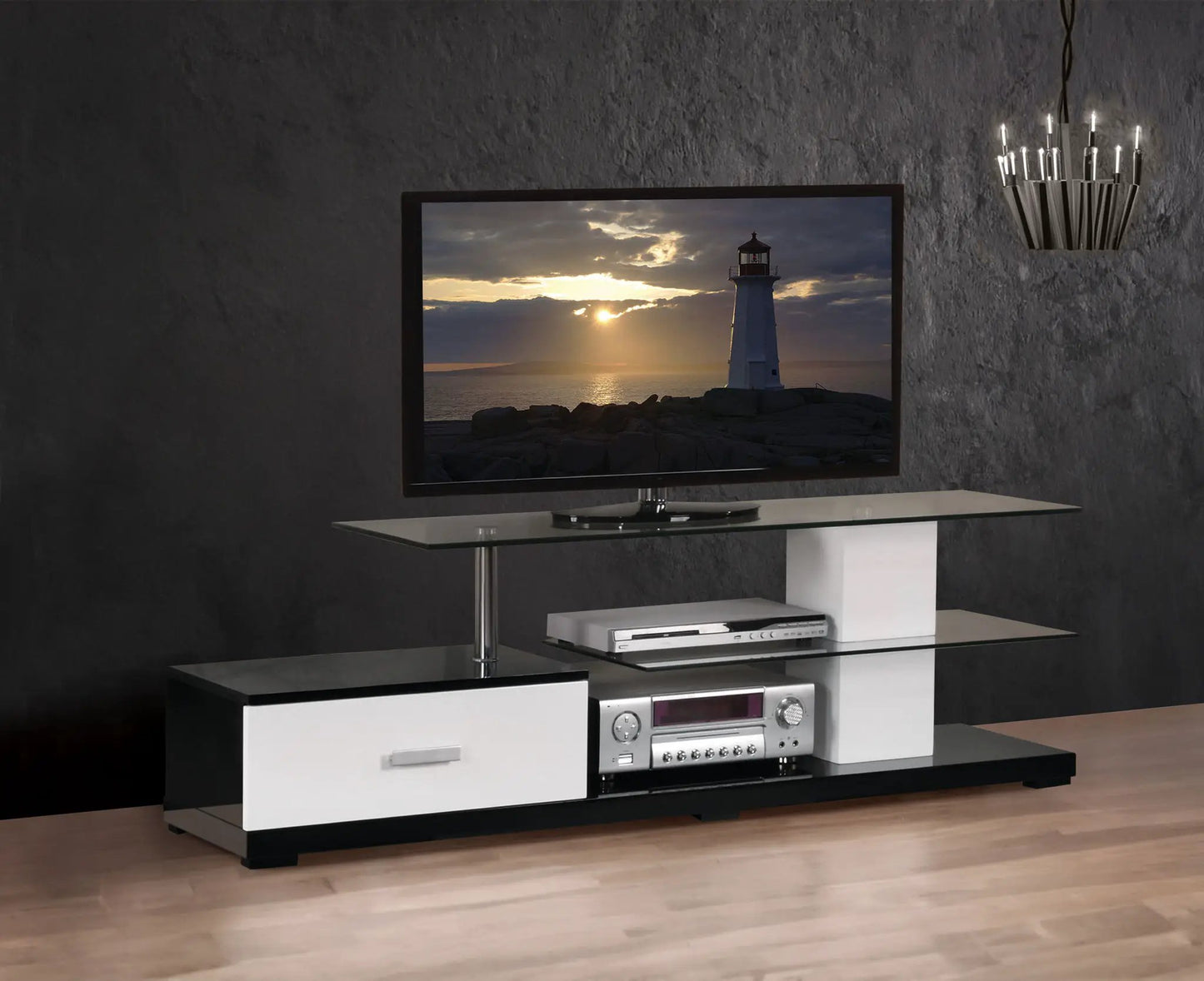 Ivana TV stand white black with glass top and chrome supports, houses TV and stereo components on Tampa Home & Garden Store