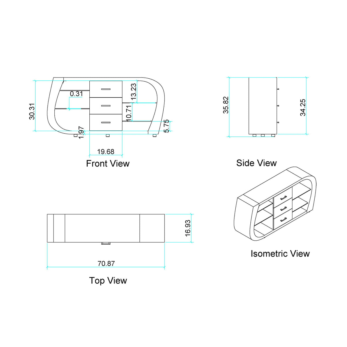 Anne Buffet with Ample Storage White Gray, multi-drawer storage with curved ends isometric view on Tampa Home & Garden Store