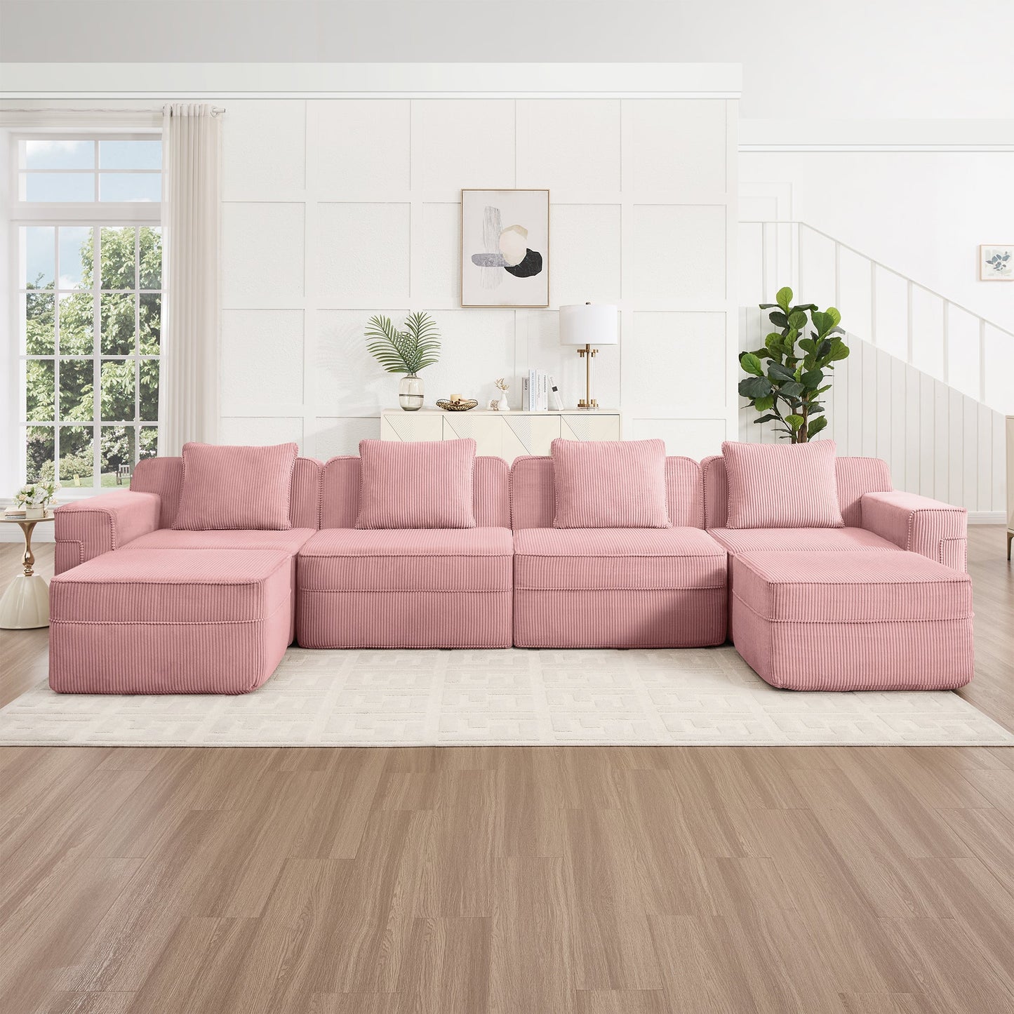 Modular 4 Seat U Shape Sectional Boneless Sofa pink corduroy by HouseOfZazla on Tampa Home & Garden Store