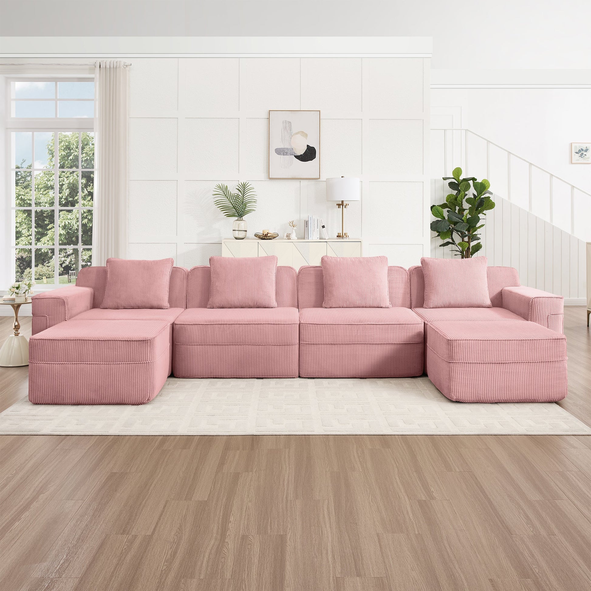 Modular 4 Seat U Shape Sectional Boneless Sofa pink corduroy by HouseOfZazla on Tampa Home & Garden Store
