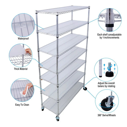 7-Tier Metal Shelf with Wheels, Heavy Duty