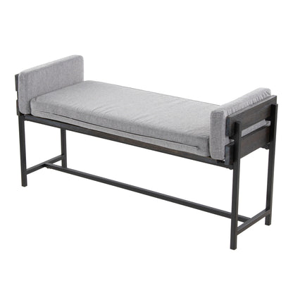 Farmhouse Luxe Upholstered Bench with Wood Panel Accent gray fabric by HouseOfZazla on Tampa Home & Garden Store