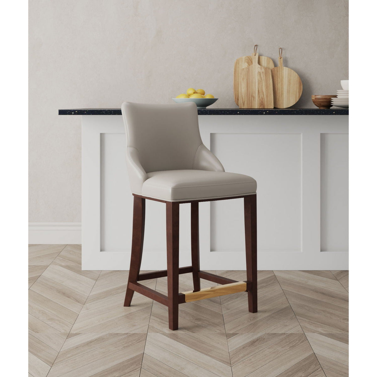 Shubert Counter Stool beige padded leather seat, dark wood legs with brass footrest on Tampa Home & Garden Store