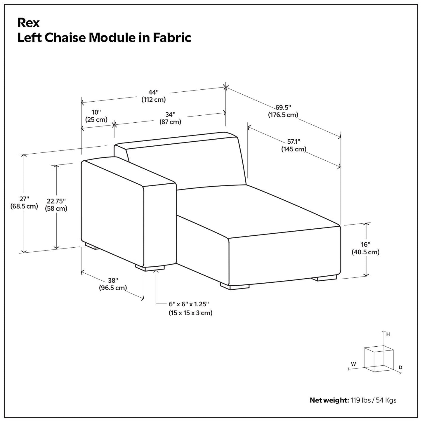 Rex Modern Asymmetrical Chaise Sofa Module