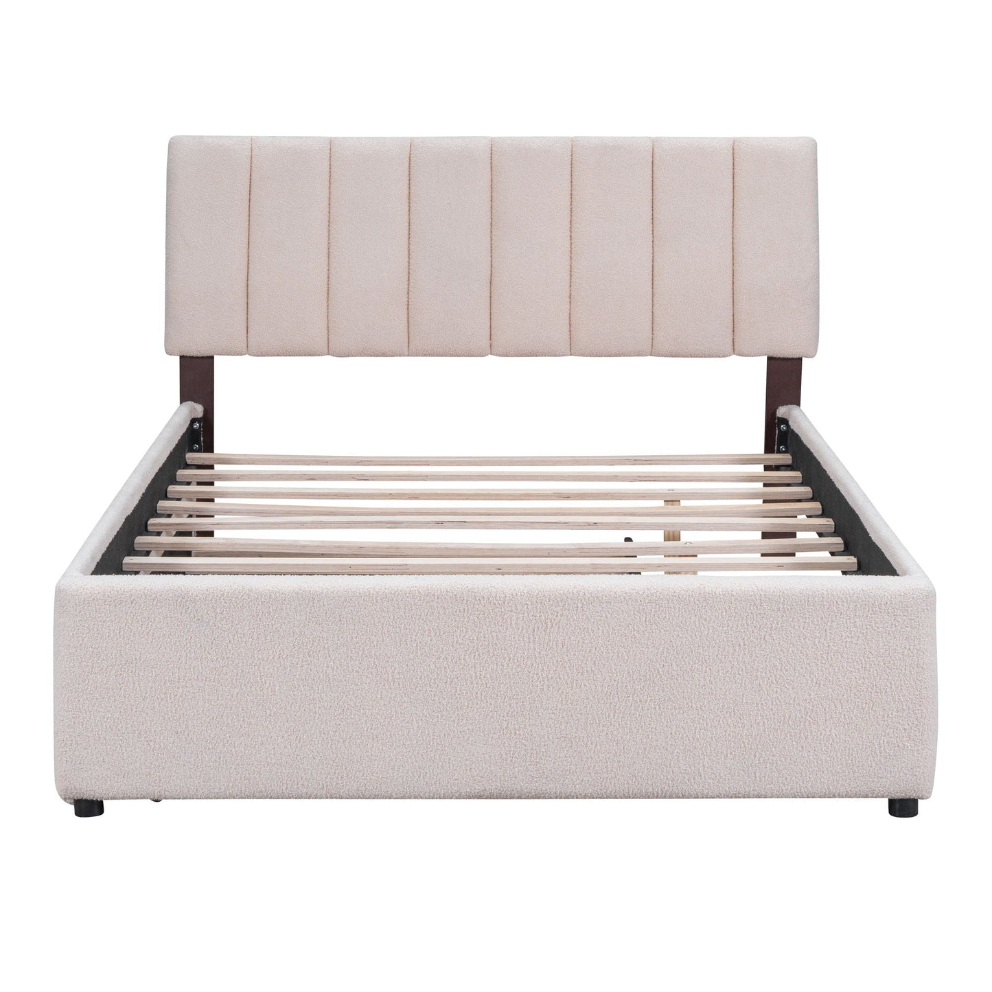 Beige upholstered platform bed with vertical channel headboard and exposed slatted base on Tampa Home & Garden Store