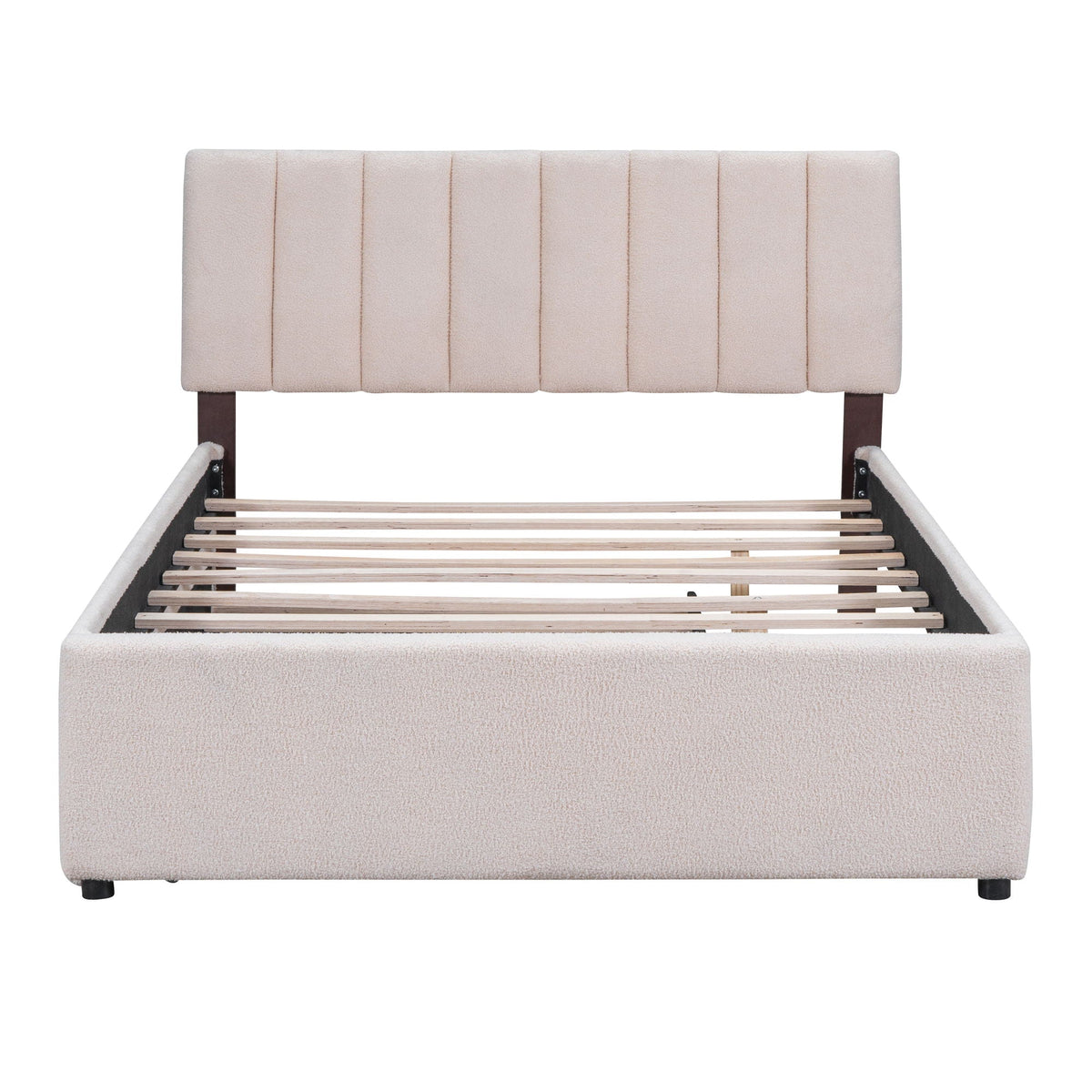 Beige upholstered platform bed with vertical channel headboard and exposed slatted base on Tampa Home & Garden Store