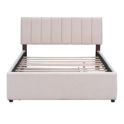 Beige upholstered platform bed with vertical channel headboard and exposed slatted base on Tampa Home & Garden Store