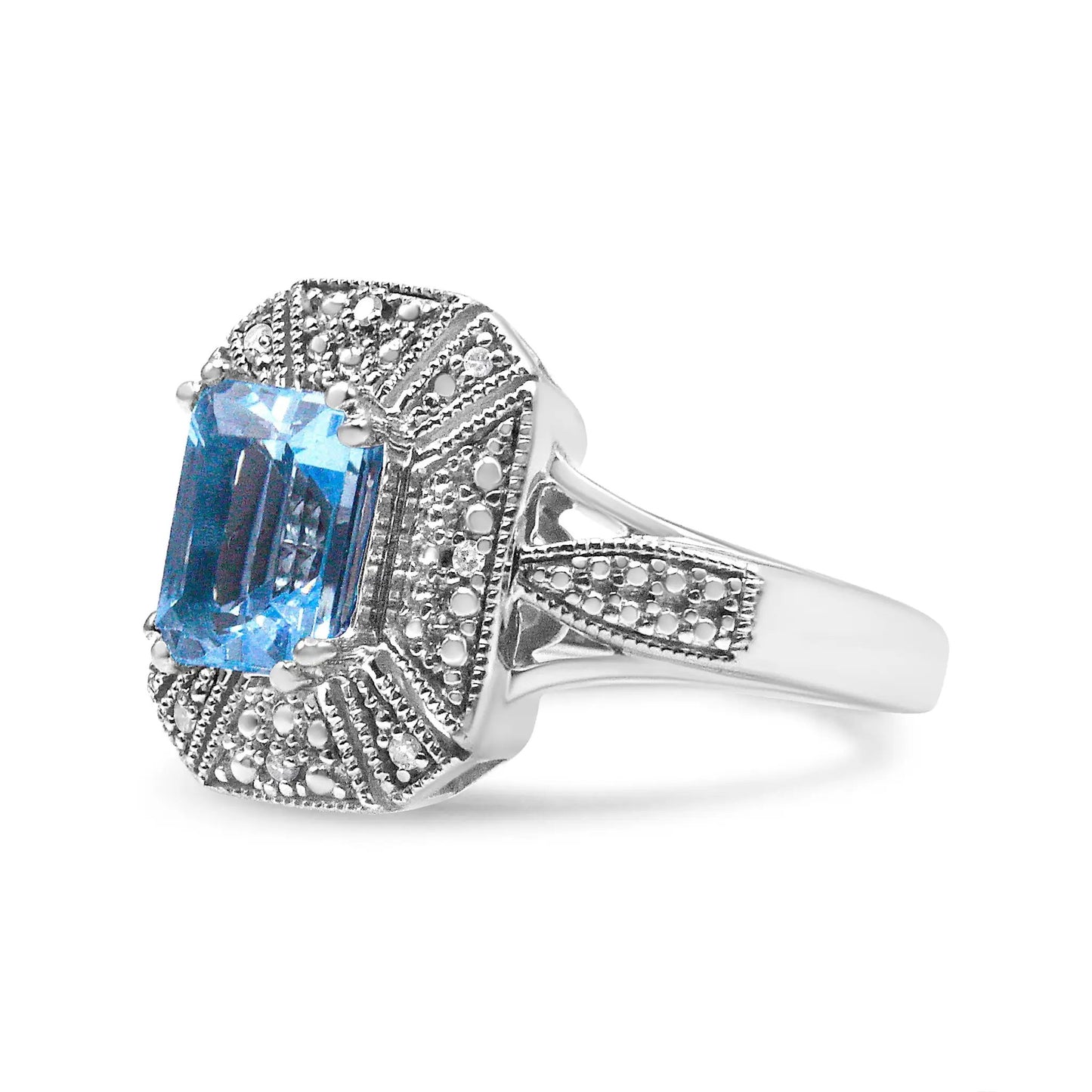 Sterling silver ring with emerald-cut blue topaz and diamond accents, size 7 on Tampa Home & Garden Store