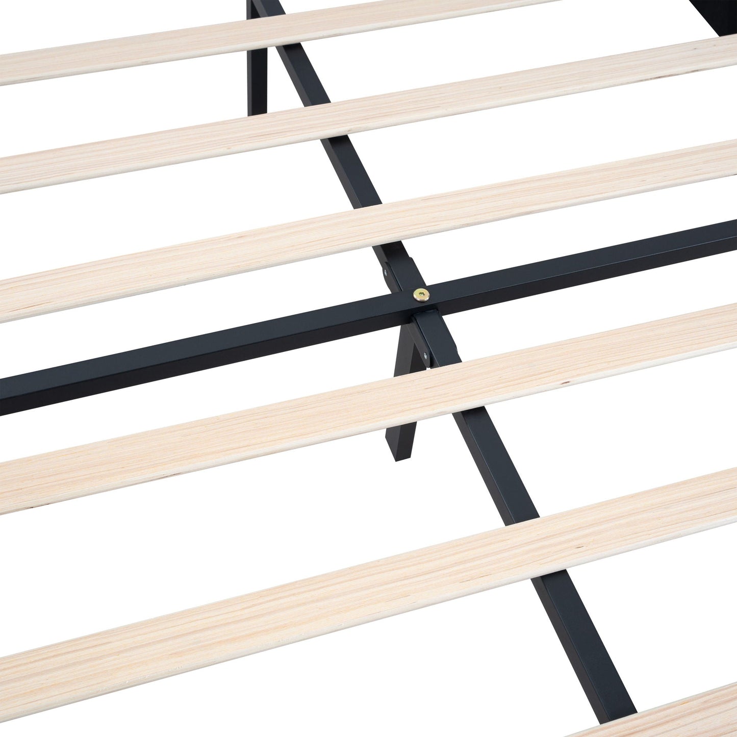 Queen size bed frame with light wood slats and black metal support on Tampa Home & Garden Store