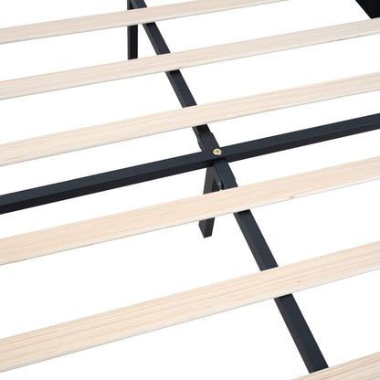 Queen size bed frame with light wood slats and black metal support on Tampa Home & Garden Store