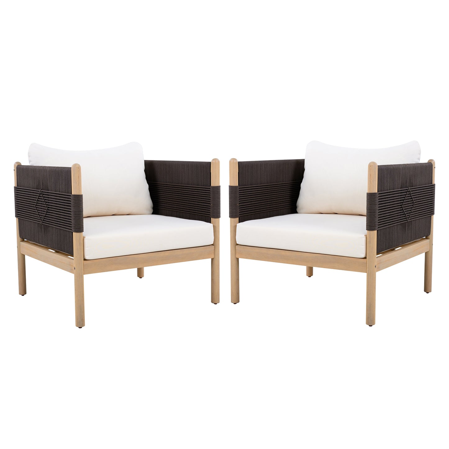 Outdoor Acacia Club Chairs set of 2 light teak with diamond-pattern rope and white cushions on Tampa Home & Garden Store