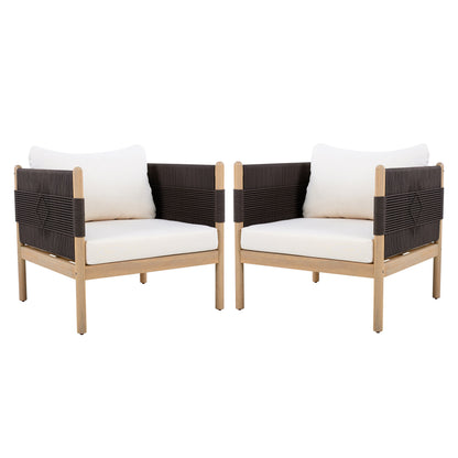 Outdoor Acacia Club Chairs set of 2 light teak with diamond-pattern rope and white cushions on Tampa Home & Garden Store