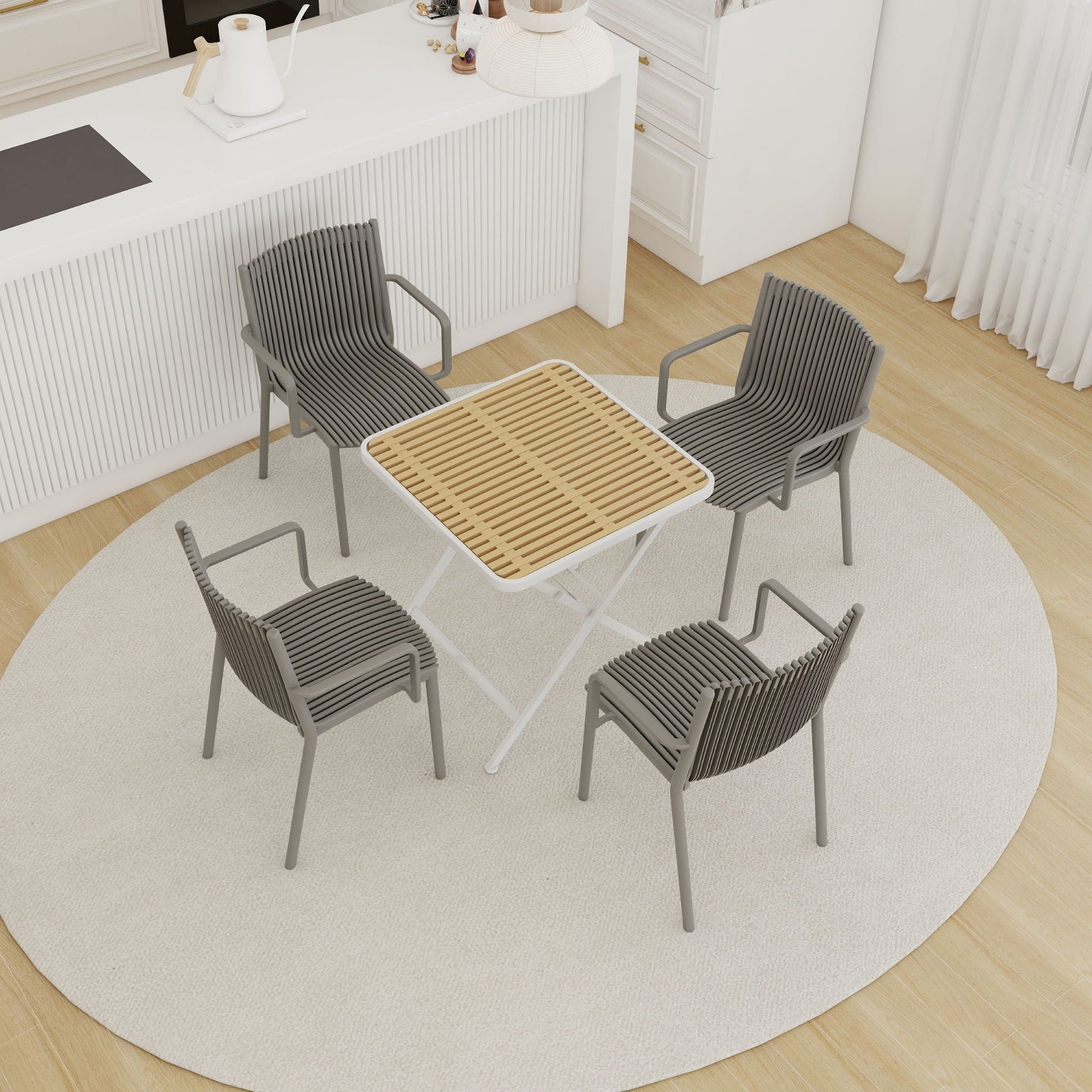 4 modern stackable grey plastic armchairs with folding square table featuring a slatted wood top on Tampa Home & Garden Store