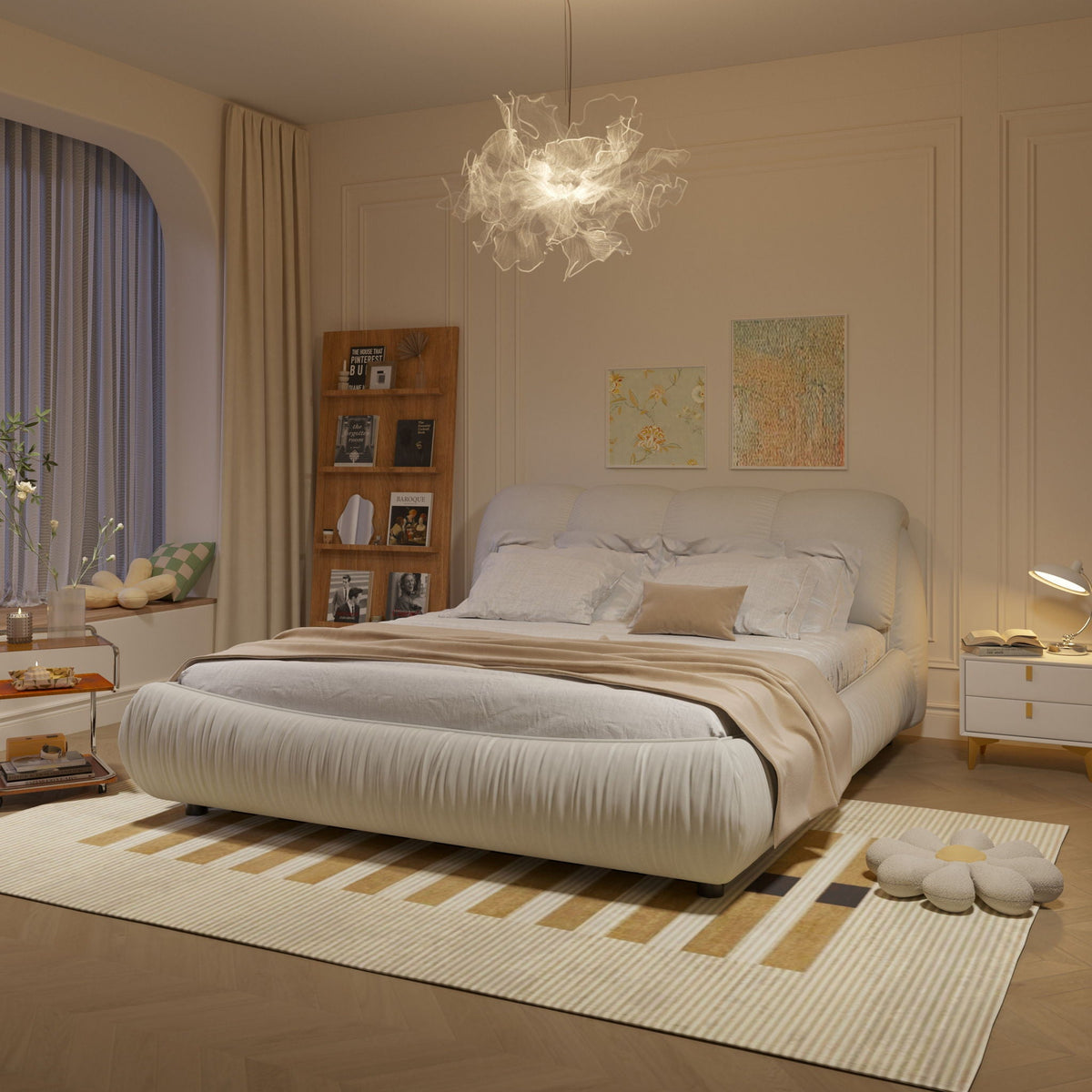 Upholstered platform bed with oversized padded backrest in light gray fabric and solid wood frame on Tampa Home & Garden Store