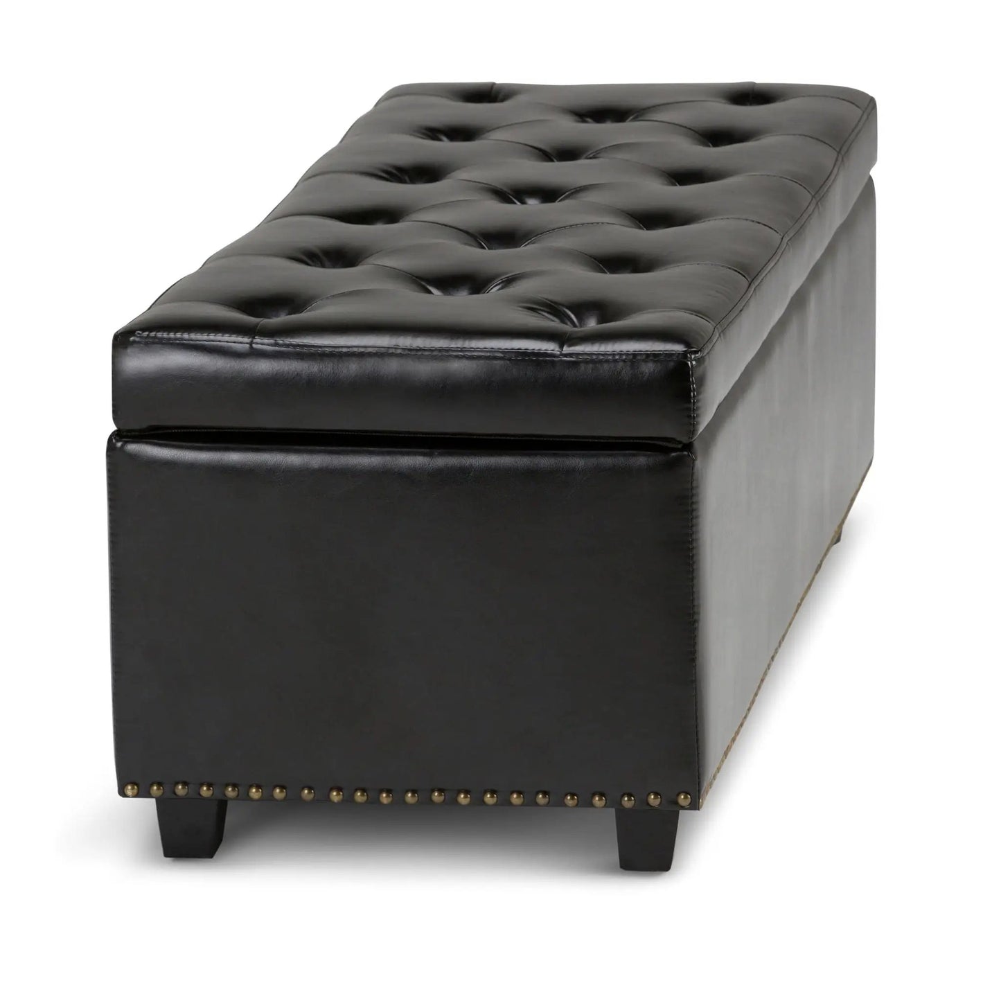 Hamilton Upholstered Storage Ottoman in black faux leather with tufted top and nailhead trim on Tampa Home & Garden Store