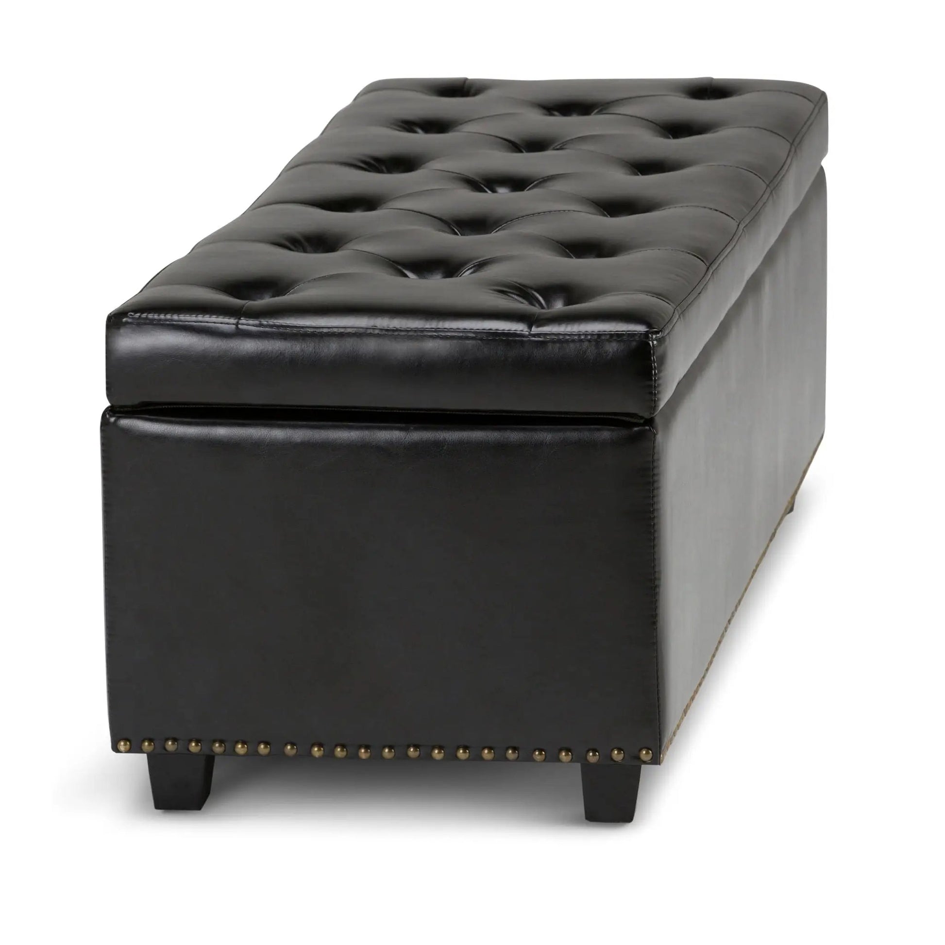 Hamilton Upholstered Storage Ottoman in black faux leather with tufted top and nailhead trim on Tampa Home & Garden Store