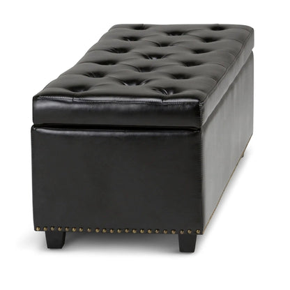 Hamilton Upholstered Storage Ottoman in black faux leather with tufted top and nailhead trim on Tampa Home & Garden Store