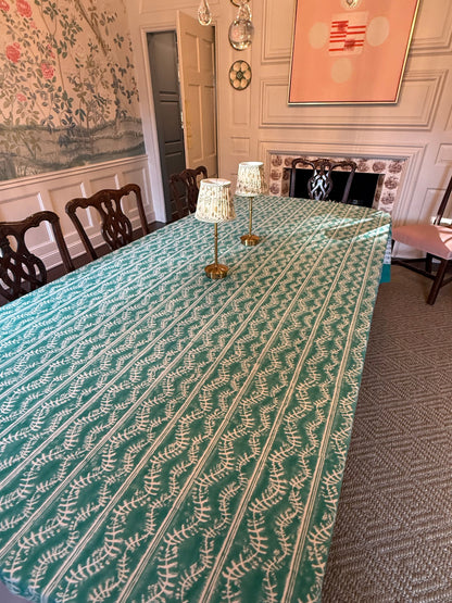 Bluebell Tablecloth in Emerald green with white fern print for dining tables on Tampa Home & Garden Store