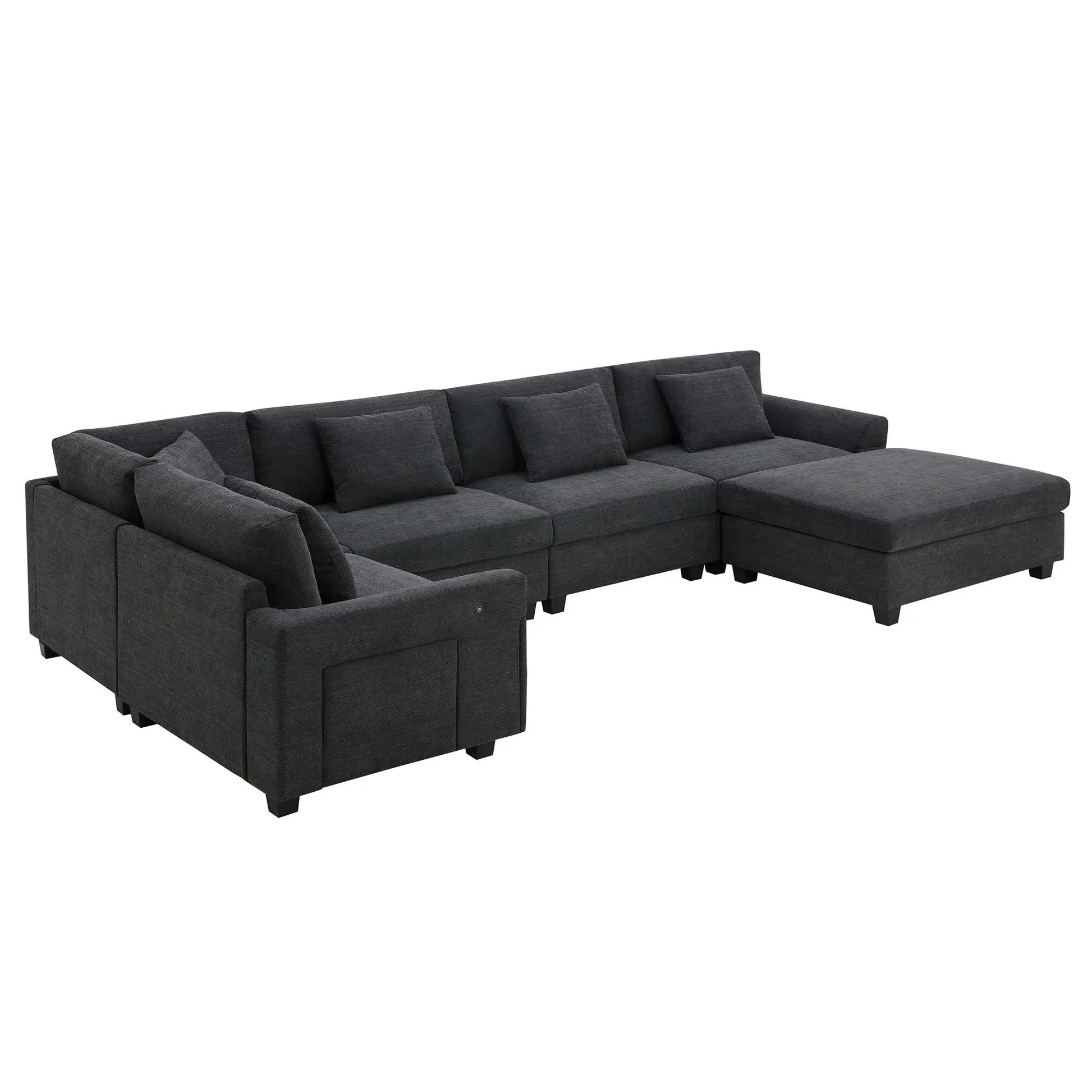 U-shaped 6-seat sectional sofa in dark gray fabric with ottoman, armrest storage and cup holders on Tampa Home & Garden Store