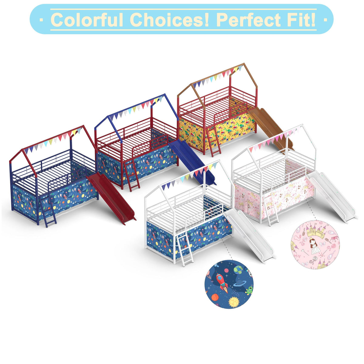 Jack House Loft Bed with Slide and Curtain Set by HouseOfZazla; multicolor frames with bunting on Tampa Home & Garden Store