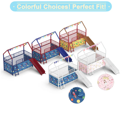 Jack House Loft Bed with Slide and Curtain Set by HouseOfZazla; multicolor frames with bunting on Tampa Home & Garden Store