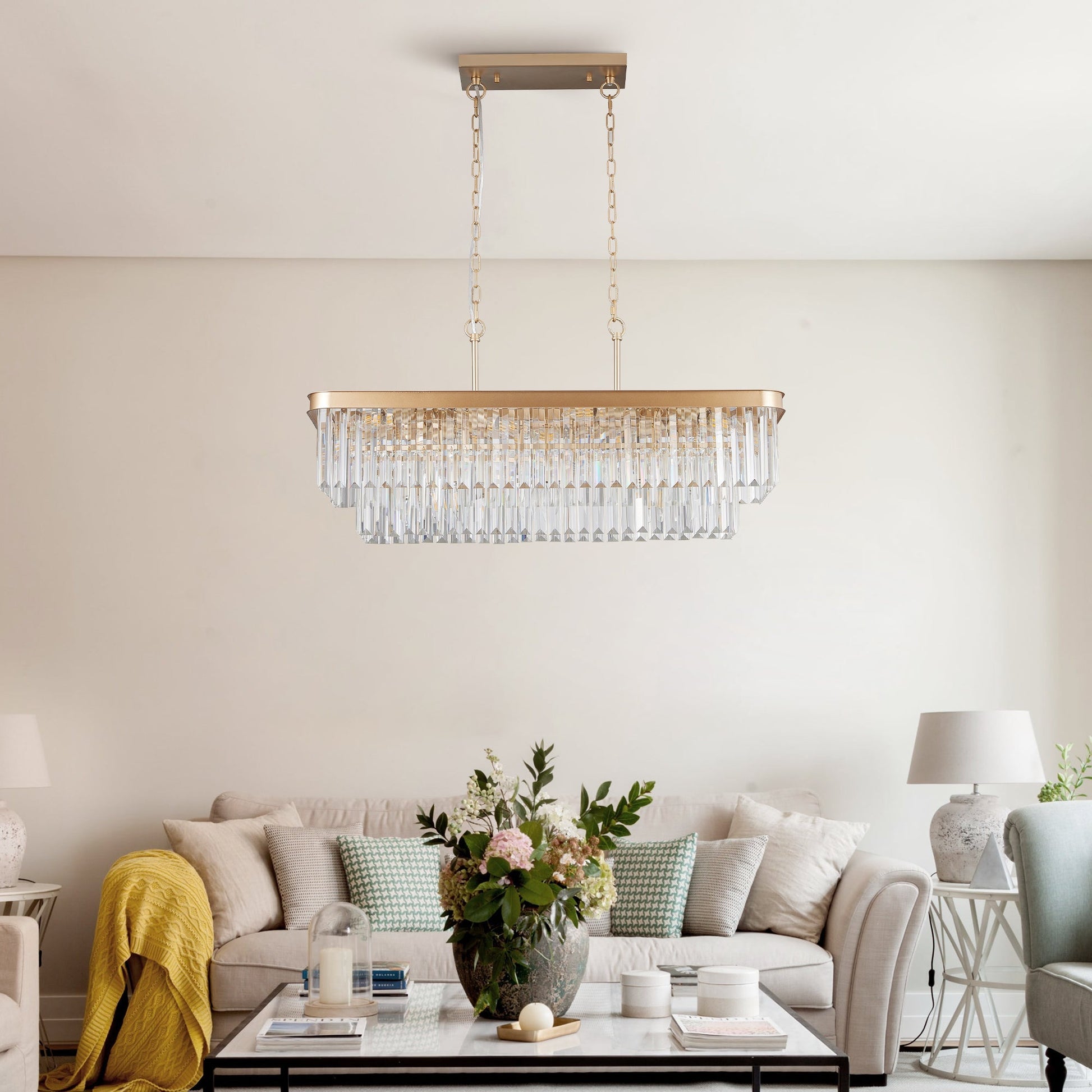 Rectangular crystal chandelier by HouseOfZazla with adjustable gold iron frame on Tampa Home & Garden Store