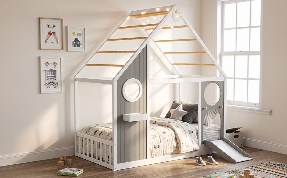 Twin house bed with slide in gray and white, round porthole panels and ball light strip on Tampa Home & Garden Store