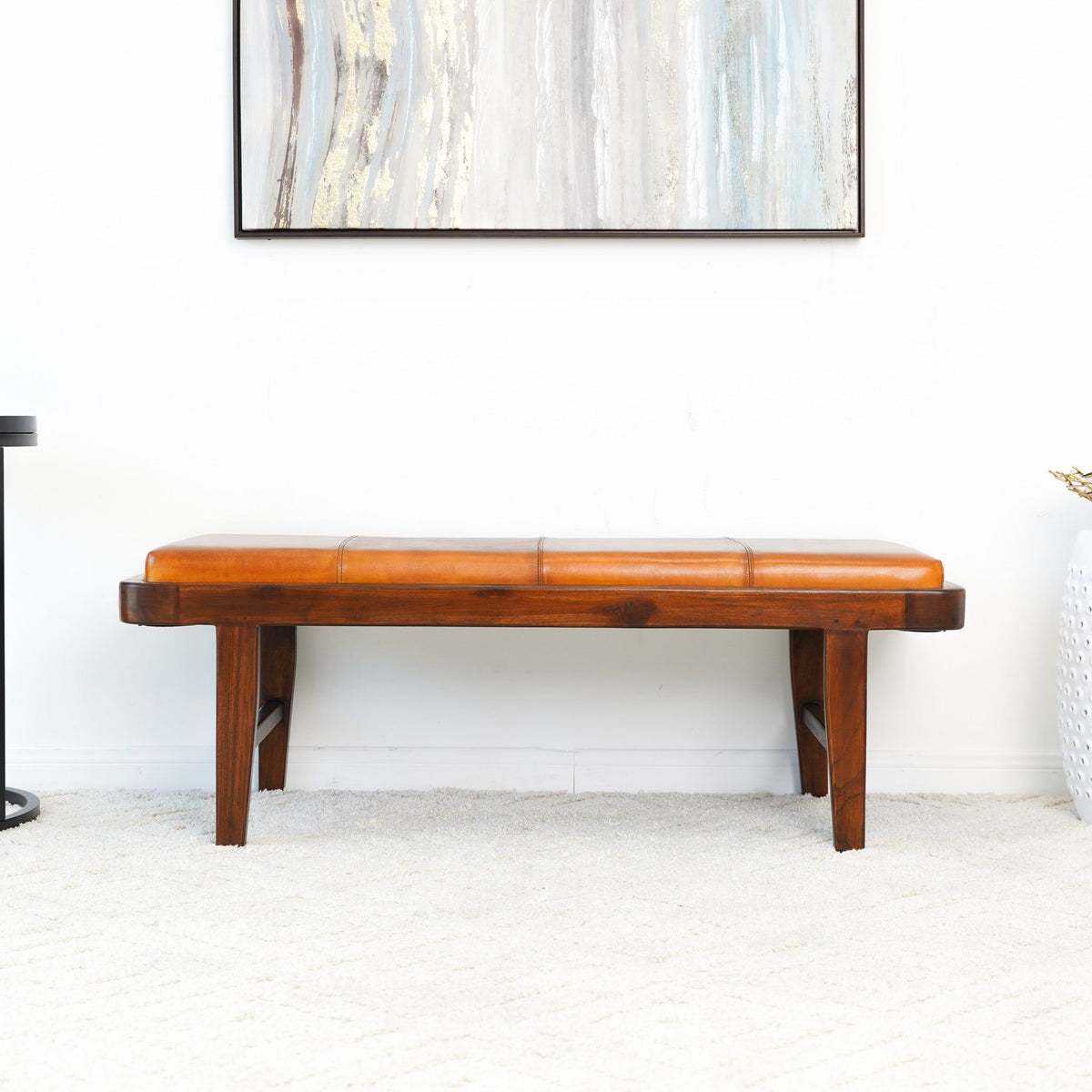 Rustic Upholstered Bench with Genuine Leather Cushion - Tan, dark wood frame, solid legs on Tampa Home & Garden Store