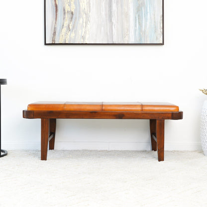 Rustic Upholstered Bench with Genuine Leather Cushion - Tan, dark wood frame, solid legs on Tampa Home & Garden Store