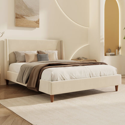Modern upholstered platform bed with wingback headboard in beige fabric on Tampa Home & Garden Store