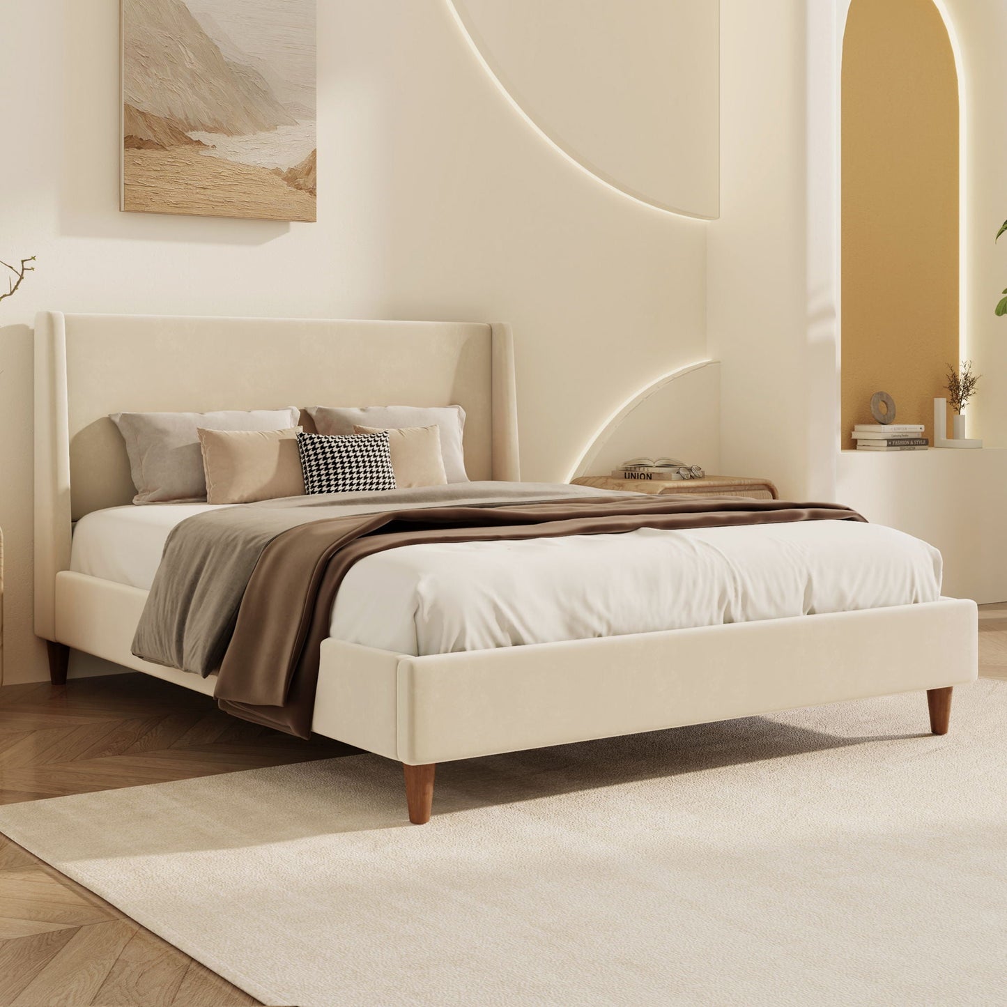 Upholstered platform bed with wingback headboard in beige fabric by HouseOfZazla on Tampa Home & Garden Store