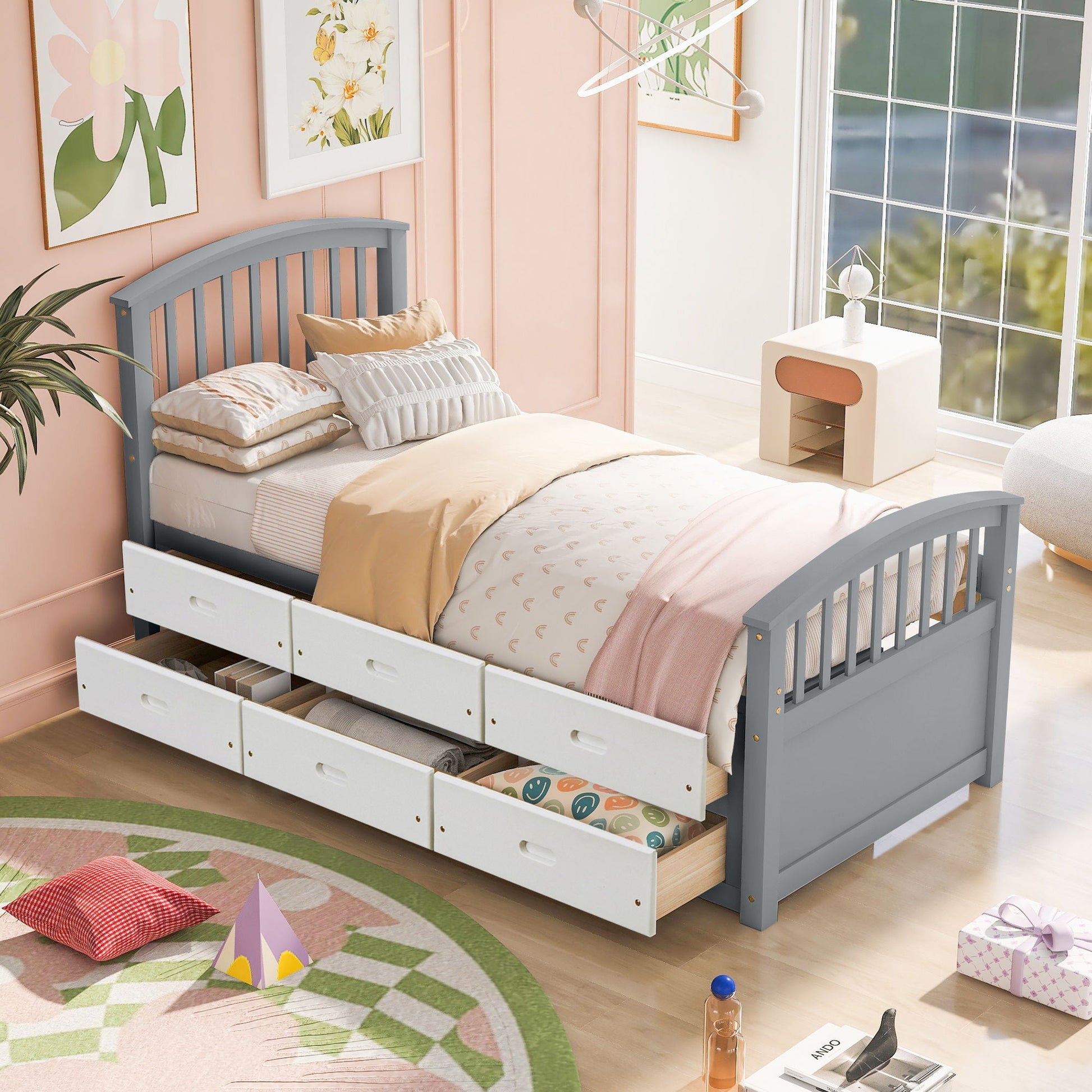 Platform storage bed solid wood bed in blue-gray with 6 under-bed drawers by HouseOfZazla on Tampa Home & Garden Store