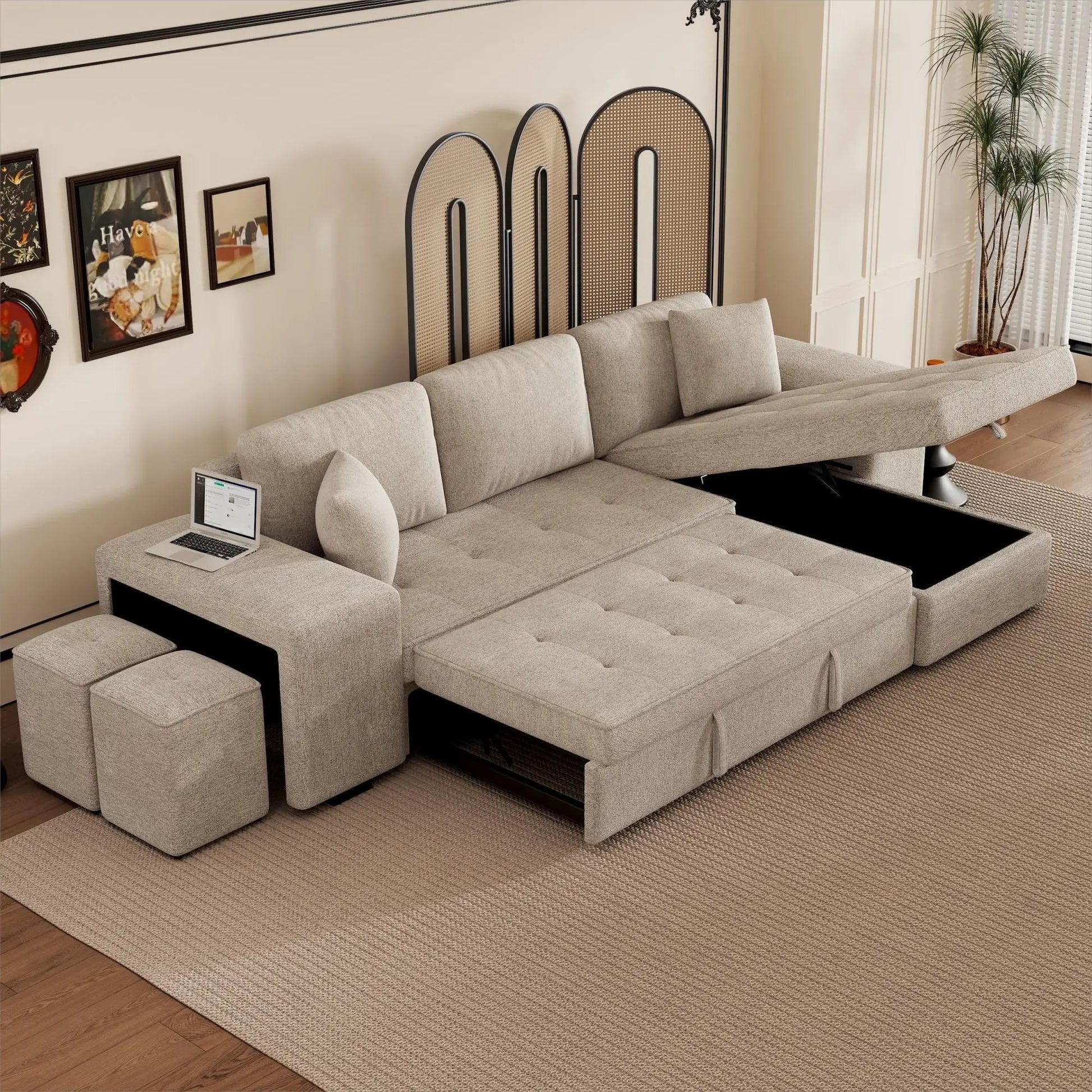 Modern L-shape 3-seat reversible sectional sleeper with storage chaise and 2 stools beige fabric on Tampa Home & Garden Store