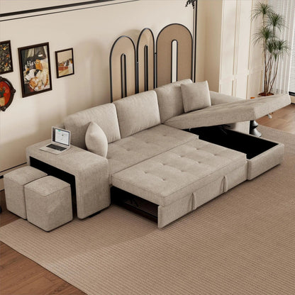 Modern L-shape 3-seat reversible sectional sleeper with storage chaise and 2 stools beige fabric on Tampa Home & Garden Store