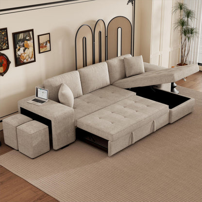 HouseOfZazla Modern L-Shape sleeper sectional beige fabric with storage chaise and 2 stools on Tampa Home & Garden Store