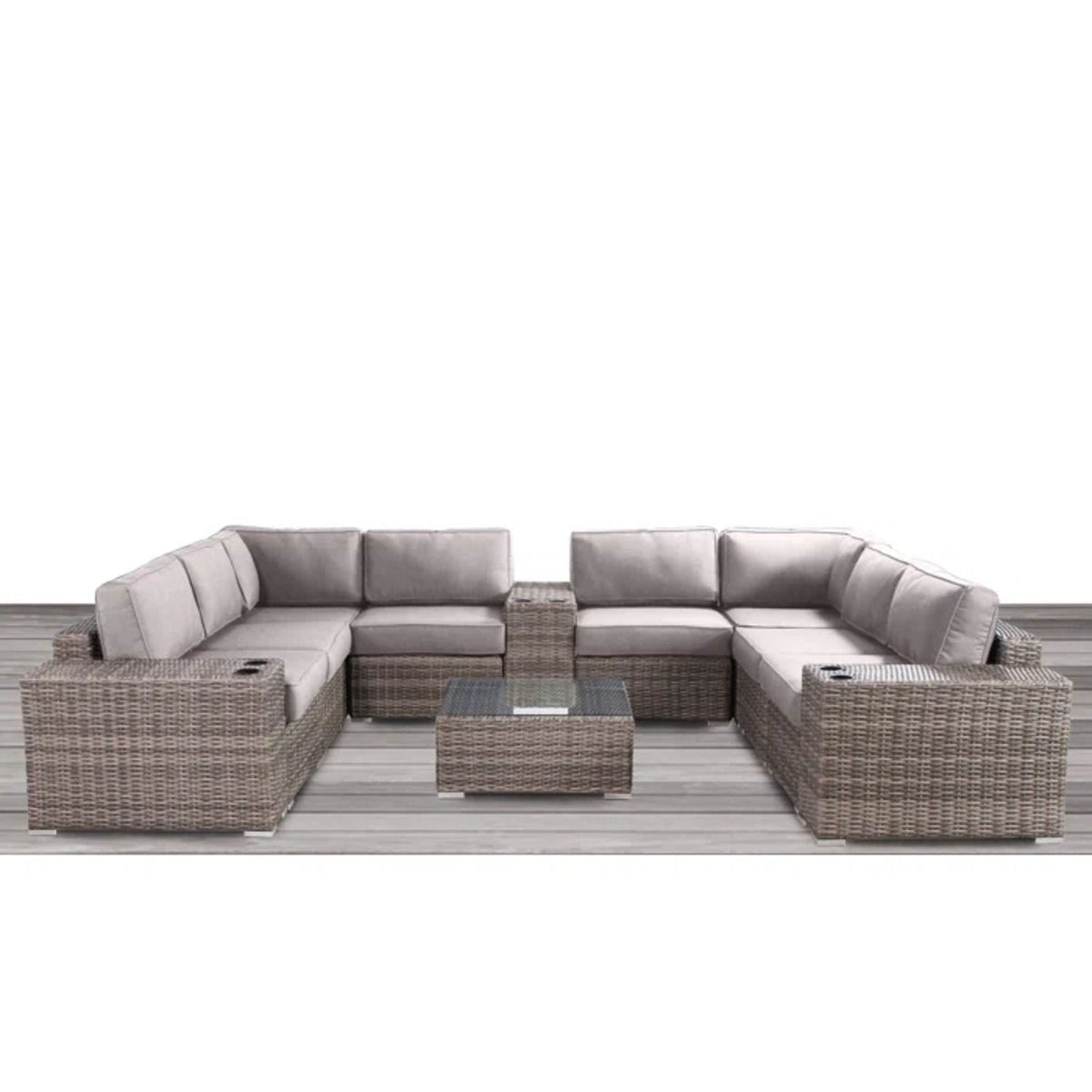 HouseOfZazla modern patio rattan sectional set with gray cushions and glass coffee table on Tampa Home & Garden Store
