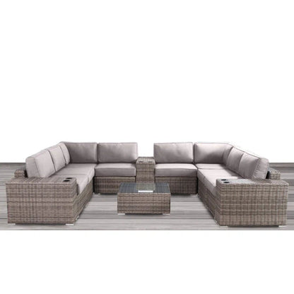HouseOfZazla modern patio rattan sectional set with gray cushions and glass coffee table on Tampa Home & Garden Store