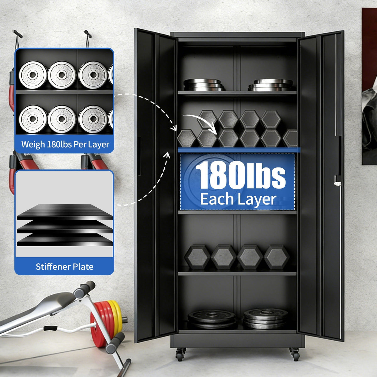 Black storage cabinet on wheels with locking doors and adjustable shelves on Tampa Home & Garden Store