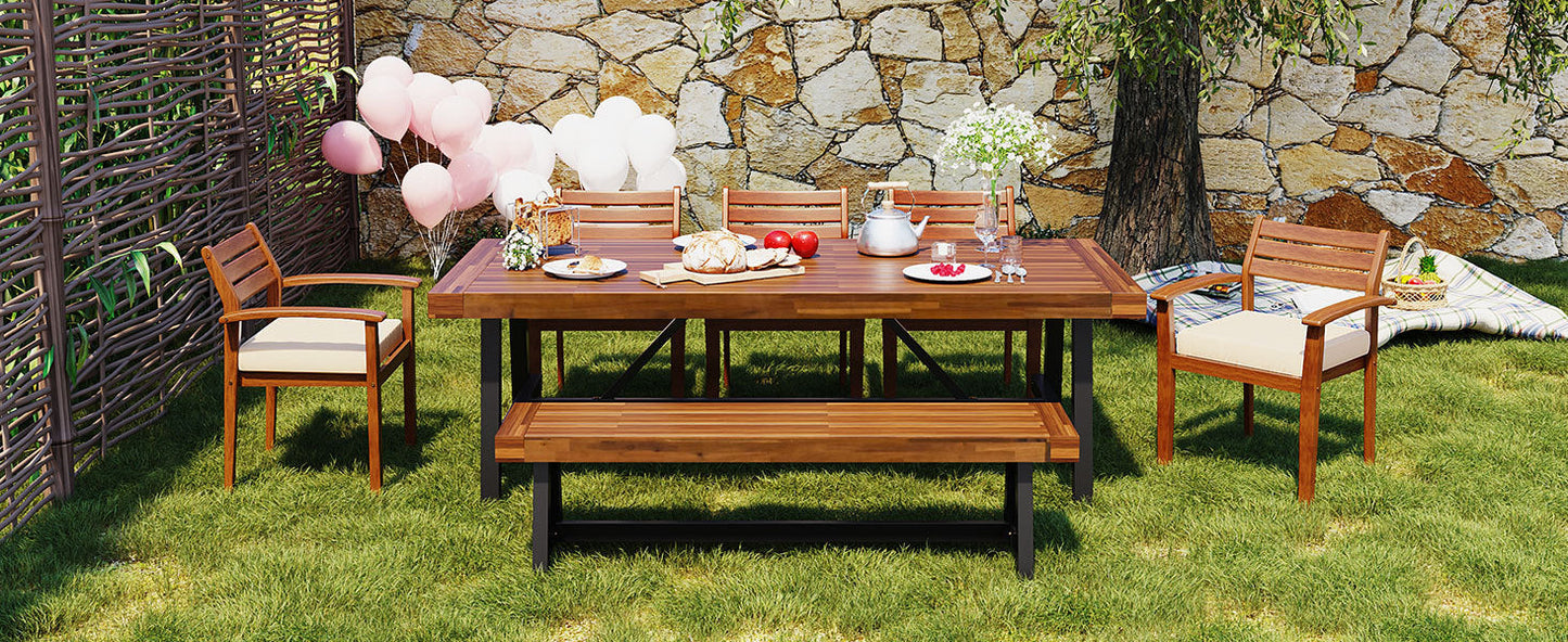 GO Outdoor Wood Dining Set for 7-8 Persons by HouseOfZazla with bench & chairs in a garden on Tampa Home & Garden Store