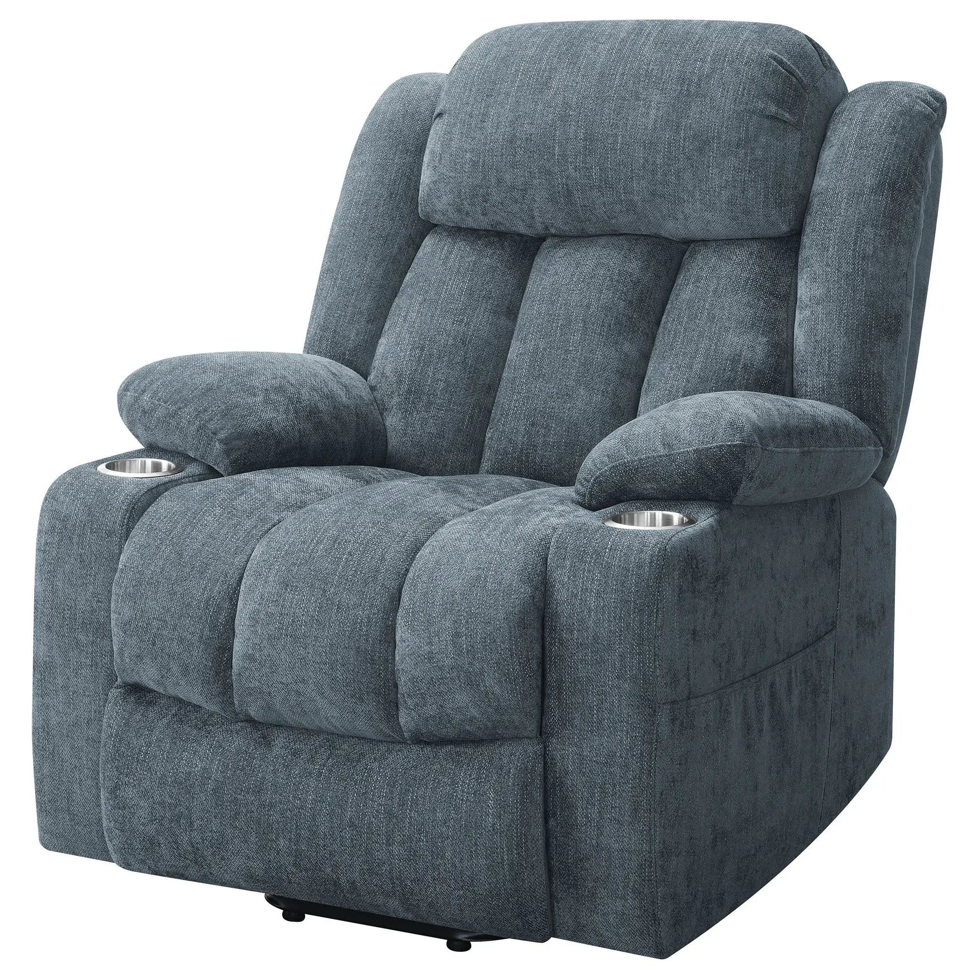 Beca upholstered power lift recliner blue-gray textured fabric with two cupholders on Tampa Home & Garden Store