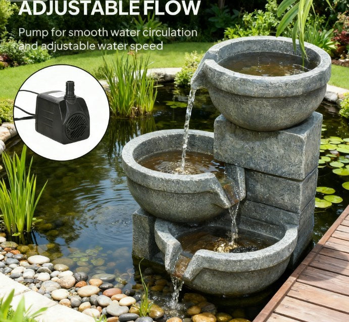 Garden Fountain HouseOfZazla, tall outdoor waterfall with LED lights, stacked stone bowls on Tampa Home & Garden Store