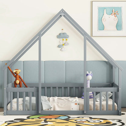 Wood house-shaped floor bed with gray guardrails, toddler bed by Unique Piece Furniture, blue panel on Tampa Home & Garden Store