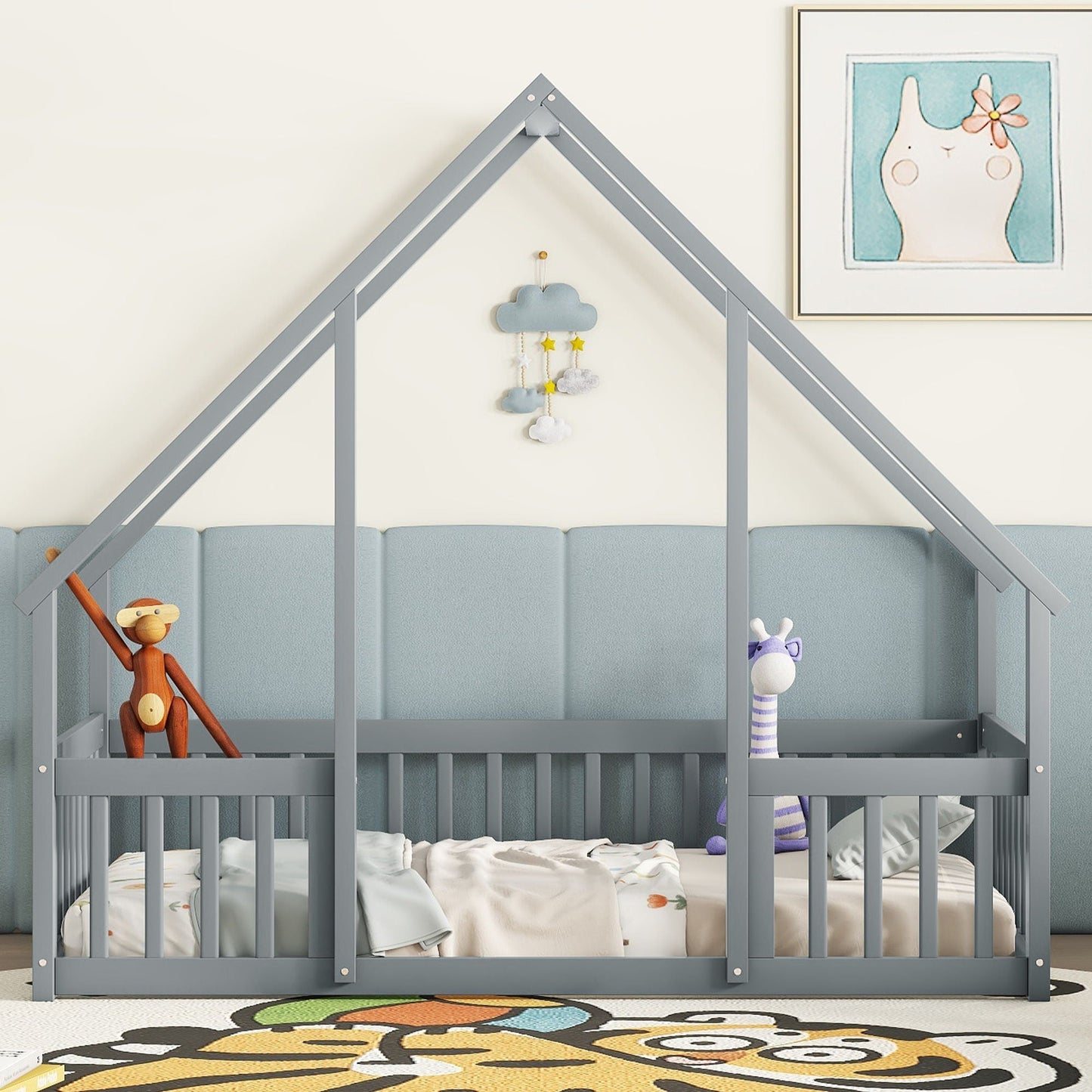 A Wood House Floor Bed with Guardrail Fence