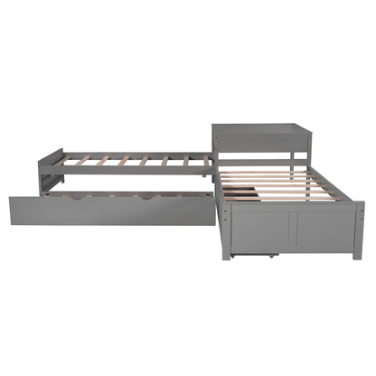 HouseOfZazla L-shaped platform bed with built-in desk, trundle and drawers, gray wood frame on Tampa Home & Garden Store