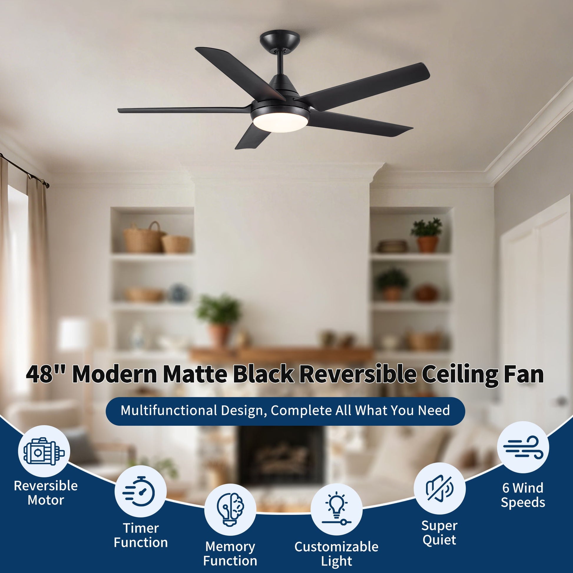 Ceiling fan with matte black finish, five blades and integrated LED light for indoor use on Tampa Home & Garden Store
