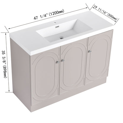 Freestanding vanity with resin sink and four-paneled gray cabinet doors on Tampa Home & Garden Store