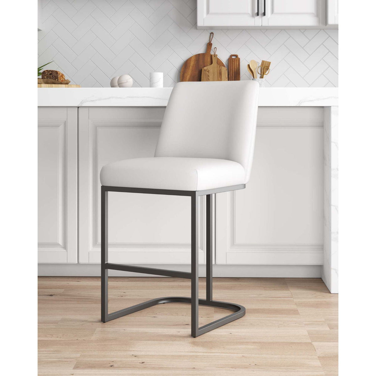 Serena Counter Stool by HouseOfZazla, white upholstered seat and back with dark metal frame on Tampa Home & Garden Store