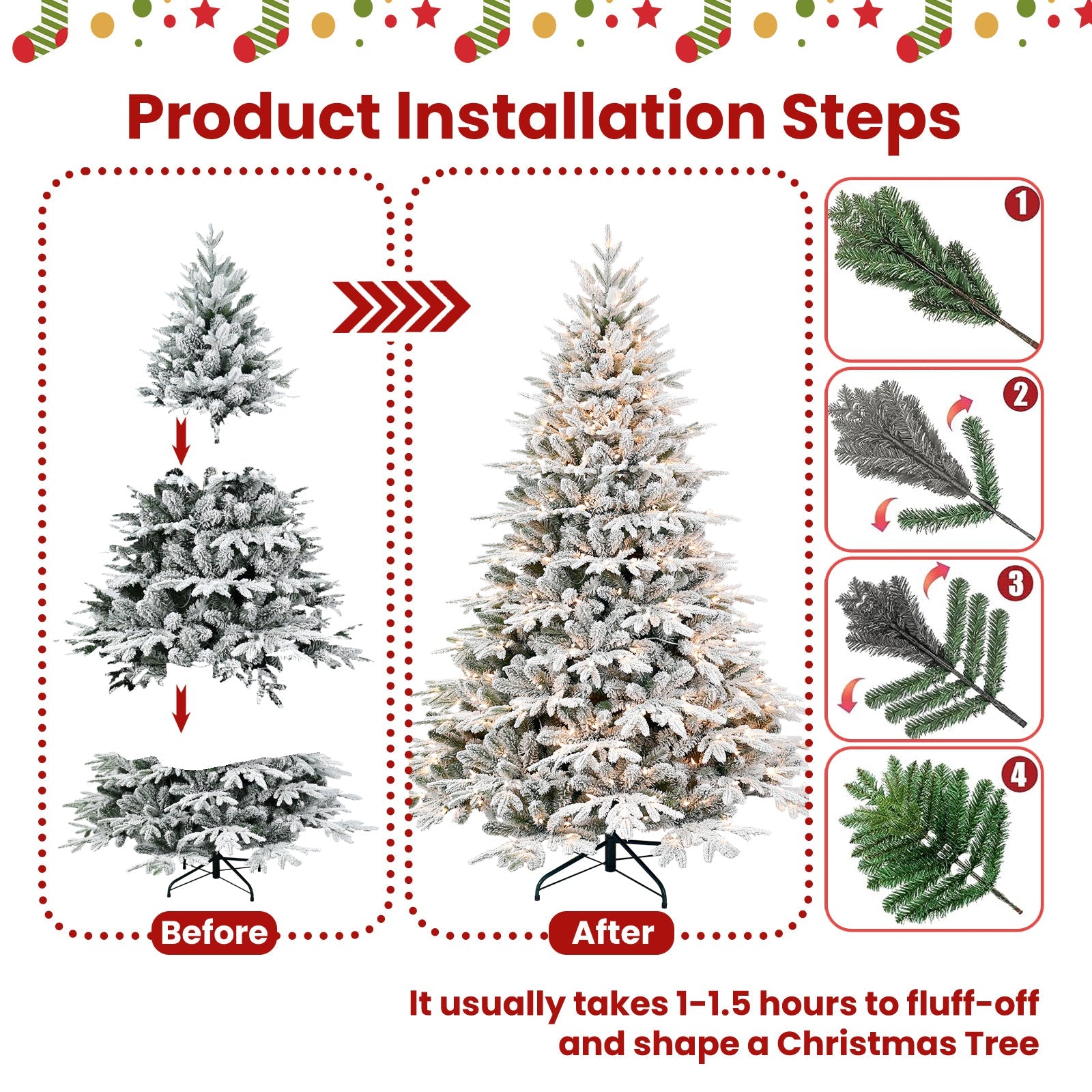 7.5ft Pre-Lit Flocked Artificial Christmas Tree by HouseOfZazla shown before and after fluffing on Tampa Home & Garden Store