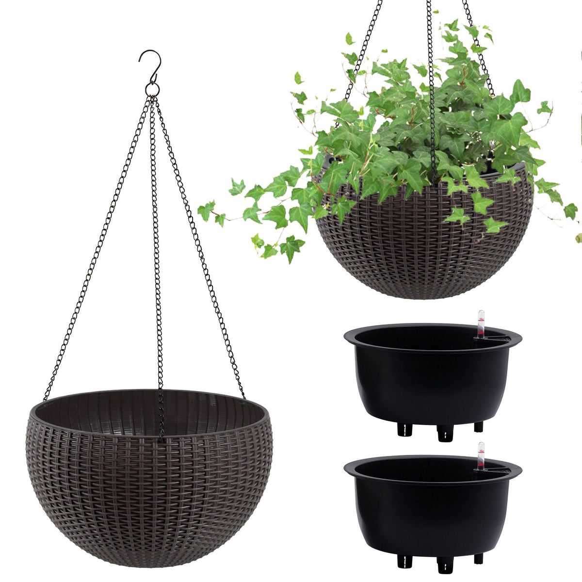Self Watering Hanging Planter HouseOfZazla dark brown wicker with metal chain hangers ivy on Tampa Home & Garden Store