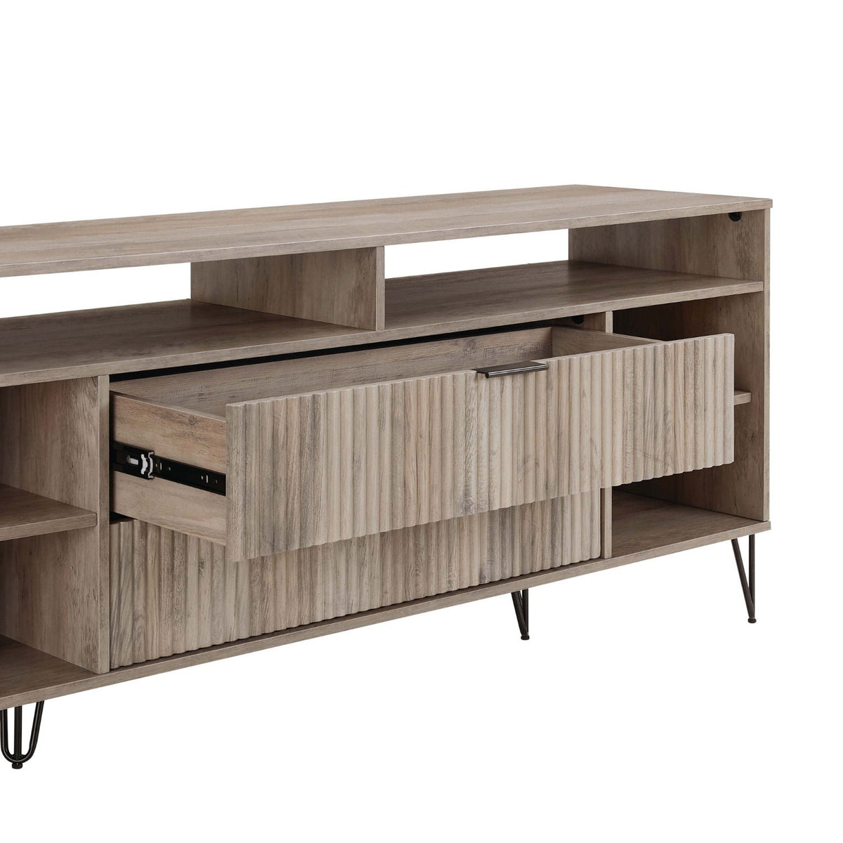 Fluted TV Stand with Storage by HouseOfZazla in light wood finish, open shelves, ribbed drawer on Tampa Home & Garden Store